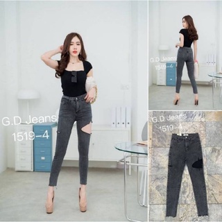 G.D.Jeans รุ่น 1519-4#กางเกงยีนส์แฟชั่นขายาวผ้ายืดฟอกสีดำเทาทรงเดฟดีเทลแต่งขาดสุดเก๋ๆ