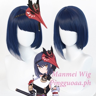 【Manmei】Genshin Impact Sara Cosplay Women 35cm Short Blue Wig Cosplay Anime Cosplay Wigs Heat Resistant Synthetic Wigs Hair Halloween