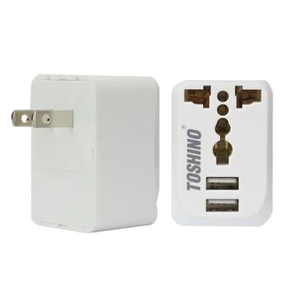 Toshino ปลั๊กแปลงขา 2USB 2.1A รุ่น PU-E Travel Adapter ไม่ลามไฟ รองรับไฟสูงถึง 2300W เต้ารับ Universal