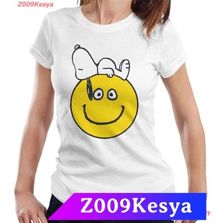 Z009Kesya เสื้อยืดสีพื้นผู้หญิง Peanuts Snoopy Lying On A Smiley Face Womens T-Shirt sale  Peanuts