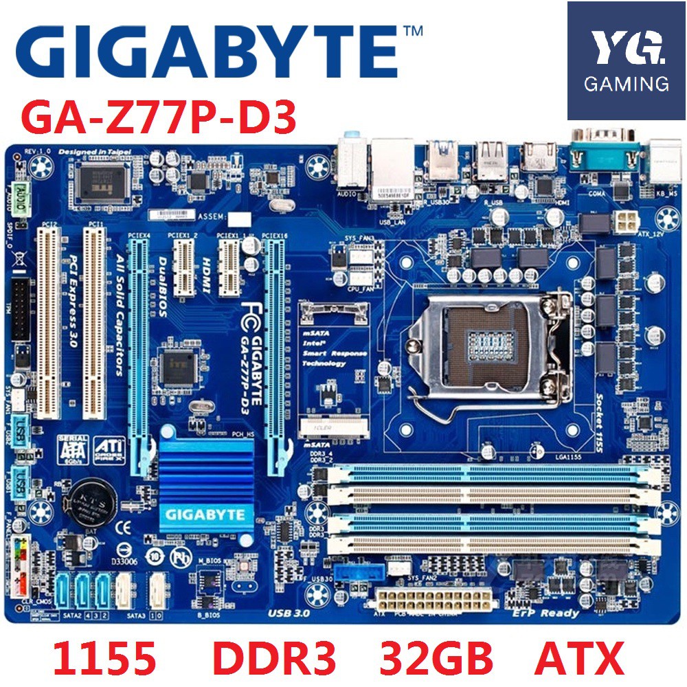 ﹉▬☫GIGABYTE GA-Z77P-D3 เมนบอร์ดเดสก์ท็อป Z77 ซ็อกเก็ต LGA 1155 i3 i5 i7 DDR3 32G ATX UEFI BIOS เมนบอร์ดมือสองของแท้