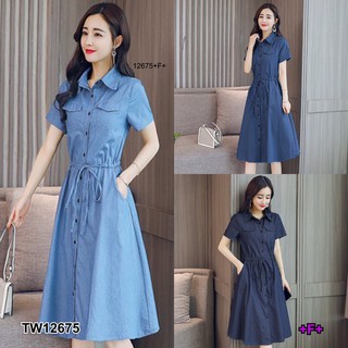 J12675 Dress เดรสยีนส์ กระดุมผ่าหน้า เอวรูดเชือก Denim dress, button front slit, drawstring waist