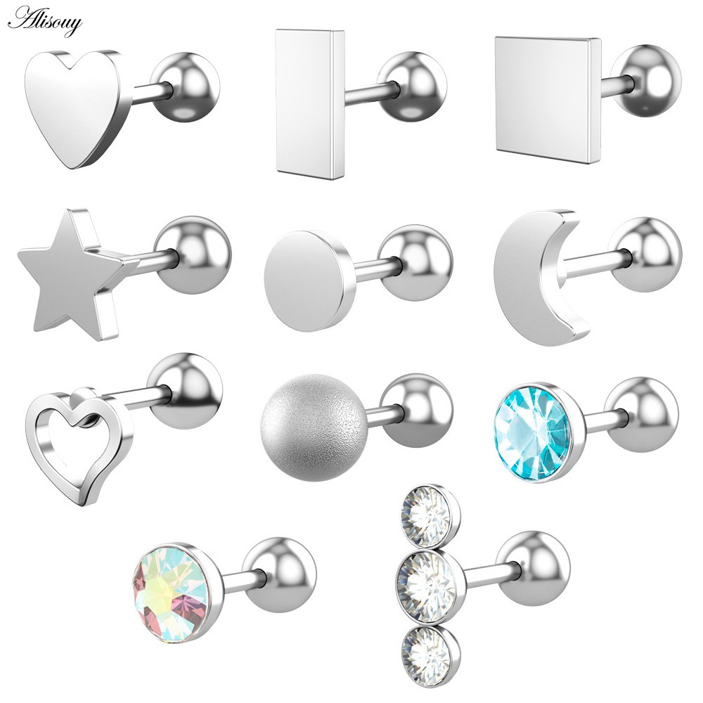 Alisouy 2 ชิ้นผู้หญิงผู้ชายหัวใจสามเหลี่ยม Square Star Moon Zircon สแตนเลสเจาะหู Studs ต่างหู Helix Tragus กระดูกอ่อน