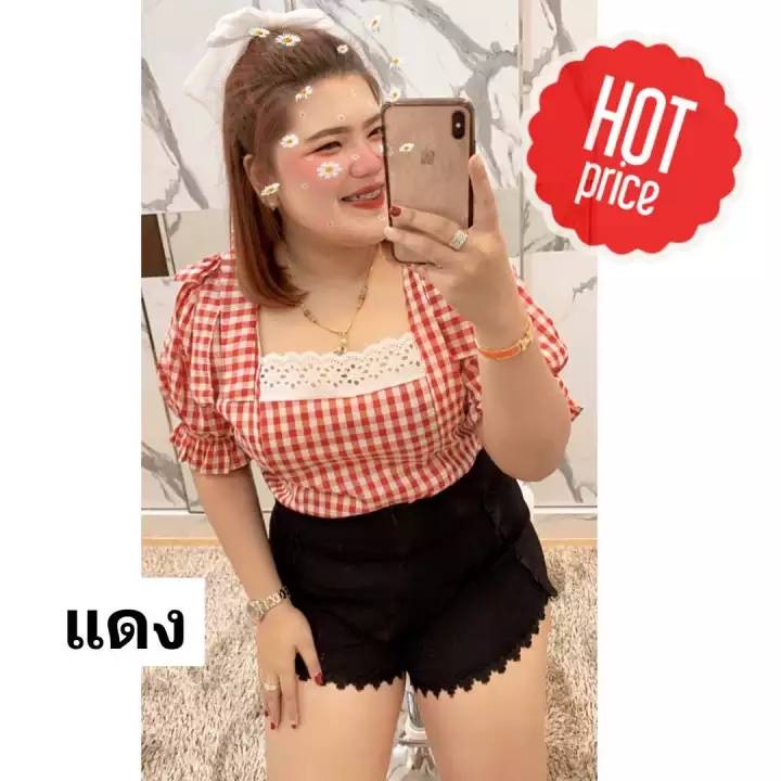 054.เสื้อสาวอวบโบว์ไหล่ลายสก็อค