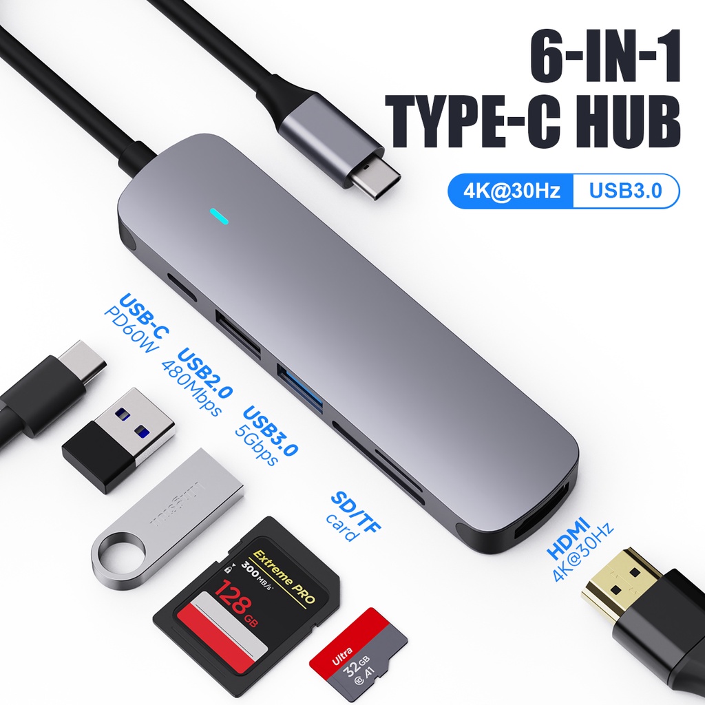 อะแดปเตอร์ USB 3.1 Type-C เป็น HDMI 4K Thunderbolt USB C Hub 3.0 2.0 TF SD Reader Slot PD 60W สําหรั