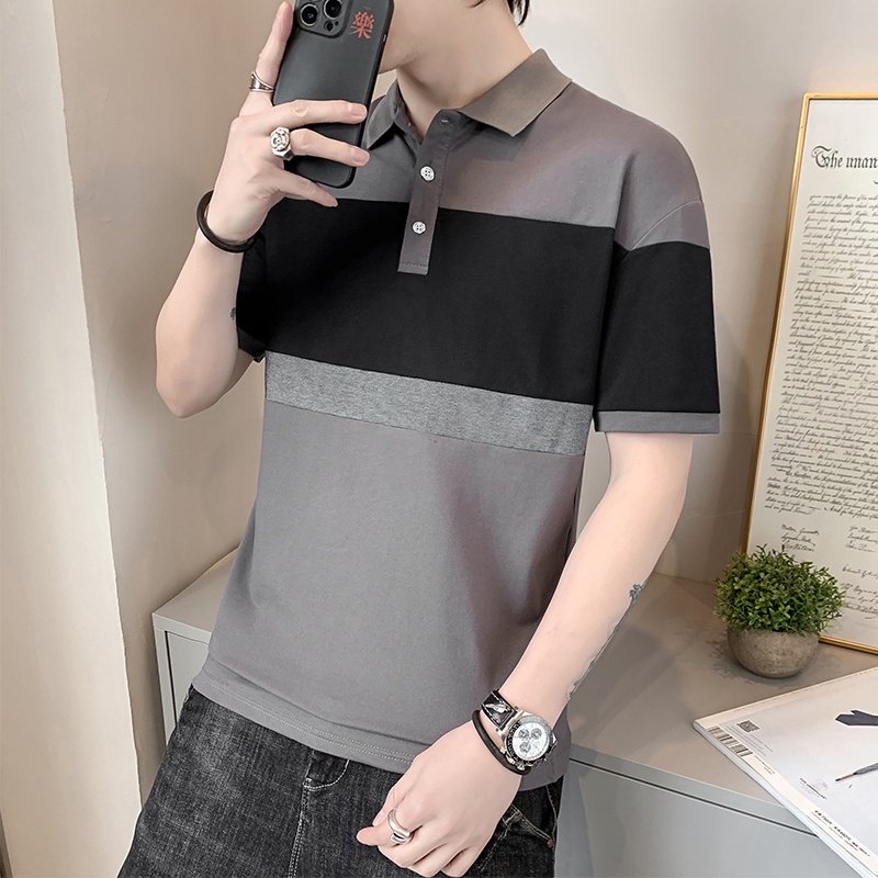 เสื้อโปโลแขนสั้นลําลอง ลายทาง ระบายอากาศได้ดี แฟชั่นฤดูร้อน สไตล์เกาหลี สําหรับผู้ชาย