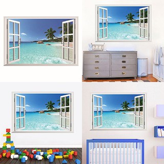 3D Beach Sea Window สติกเกอร์ติดผนังห้องนอนวิวทะเลสติ๊กเกอร์ติดผนัง DIY