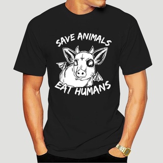 เสื้อยืดผ้าฝ้าย พิมพ์ลายสัตว์ Eat Humans Evil Piggy สีดํา -1088A MNfnlj53HLgbon17สามารถปรับแต่งได้