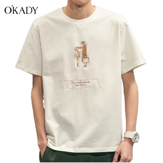 【Hot】OKADY ฤดูร้อนผู้ชายเสื้อยืดปักใหม่สไตล์ฮ่องกงย้อนยุคแฟชั่นลำลองครึ่งแขนวรรณกรรมสไตล์หลวมแขนสั้นด้านบน