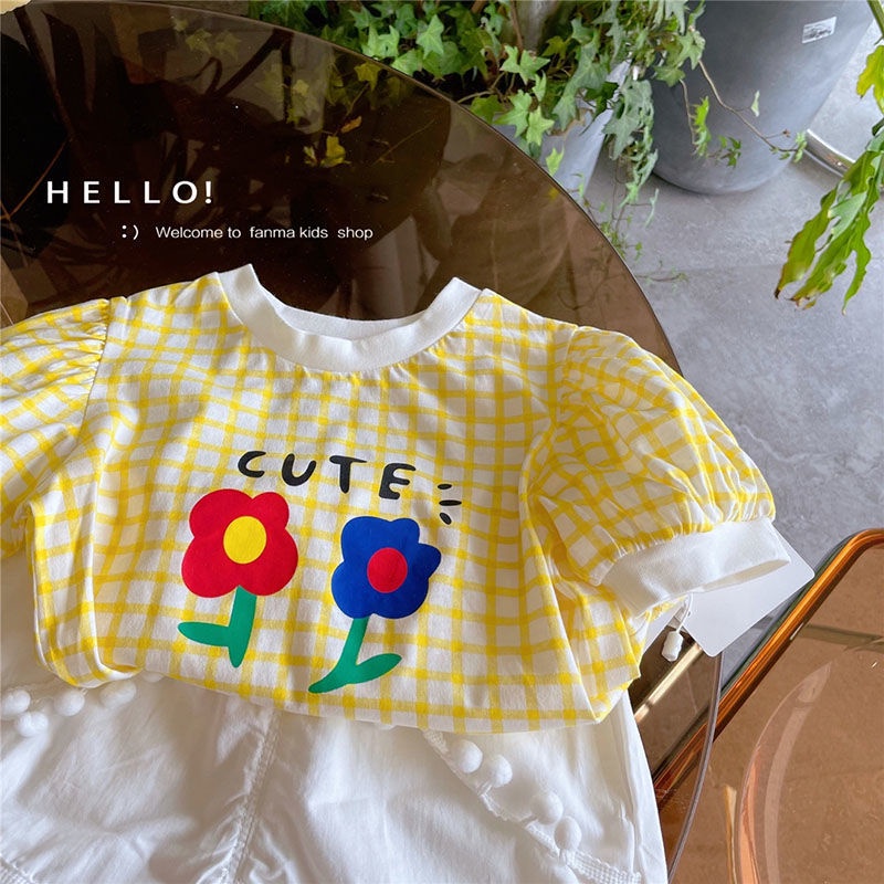 เสื้อยืดแขนสั้น ผ้าฝ้าย ลายสก๊อต และดอกไม้ สีเหลือง สไตล์เกาหลี แฟชั่นฤดูร้อน สําหรับเด็กผู้หญิง ไซซ์ 80-130 ซม.