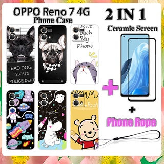 2 IN 1 เคสโทรศัพท์ OPPO Reno 7 4G พร้อมกระจกนิรภัยกันรอยหน้าจอ เซรามิค ฟิล์มโค้ง การ์ตูน