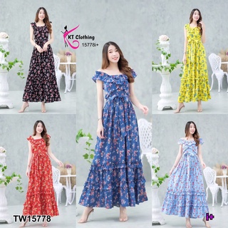 แม็กซี่เดรสแขนกุดคอกว้างลายดอกไม้ ผูกโบว์เอว TT15778 Sleeveless maxi dress with wide neck, floral print, bow tie waist