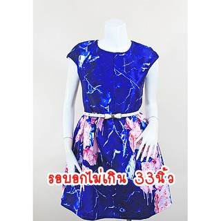 E0713-3-F-ชุดเดรส สีน้ำเงิน ผ้าซาตินเนื้อหนาพิมพ์ลายดอกไม้ คอกลม แขนล้ำ กระโปรงระบายทรงสุ่ม(ไม่มีเข็มขัดนะคะ)