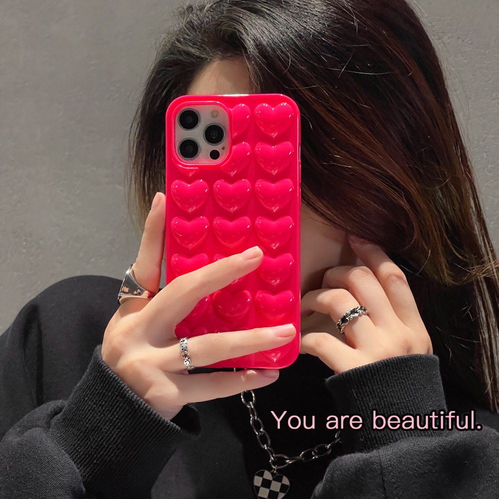 สีทึบ 3D Love สไตล์เคสโทรศัพท์สําหรับ iPhone 15 16 14 13 Pro Max Plus mini Clear Case กันกระแทกเต็มปกป้องปลอก