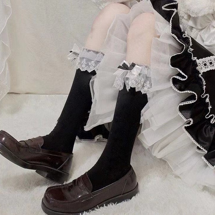 ถุงน่องยาว ผ้าฝ้าย ประดับโบว์ แต่งลูกไม้ สีขาว แฟชั่นโลลิต้า สไตล์เกาหลี และญี่ปุ่น สําหรับผู้หญิง