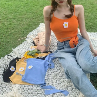 🇹🇭พร้อมส่ง🌻038🌻เสื้อสายเดี่ยวสายผูกเอว ปักดอกไม้