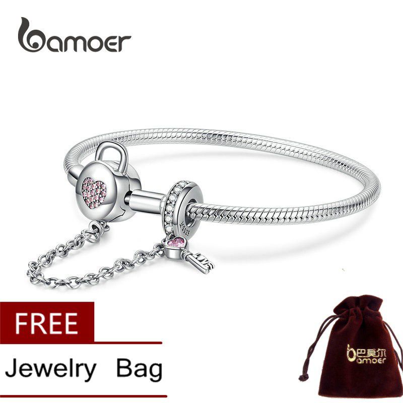 สร้อยข้อมือเงินแท้92.5% Bamore ลายงู ล็อคหัวใจพร้อมจี้กุญแจพลอยชมพู [รับประกันของแท้ 100%]ใหม่มือ1  