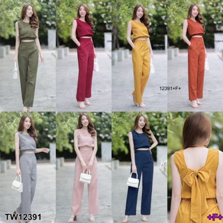 TW12391 Set 2 ชิ้น เสื้อทรงครอปแขนกุด ชายเสื้อสม็อค ดีเทลด้านหลังแต่งผูกโบว์หลัง เนื้อผ้าซ่าร่า + กางเกงขากระบอกยาว