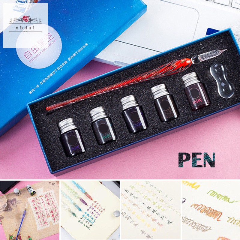7 Pieces Set Crystal Glass Dip Pen Water Fountain Pen Set Elegant