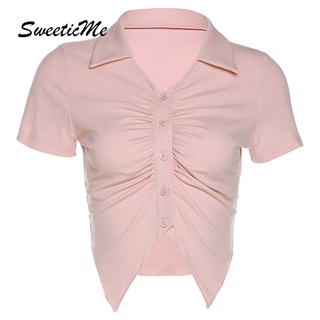 Sweeticme เสื้อยืดแขนสั้น คอปก เข้ารูป สีพื้น สําหรับผู้หญิง 2022