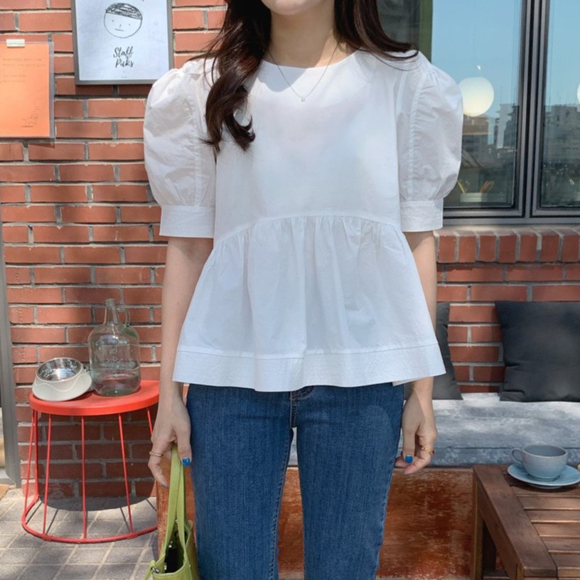42982 เสื้อเบลาส์ คอกลม แขนสั้น ทรงหลวม สําหรับผู้หญิง