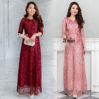 ส่งฟรี💥เดรสราตรีลูกไม้สวยหรูโทนสีชมพูพิ้งโกลด์/สีแดง M-4XL