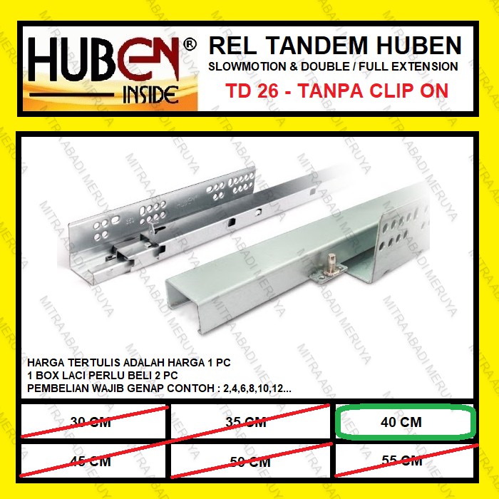HUBEN 40 ซม. รางลิ้นชัก Tandem HUBEN TD-26 Tandem Rail