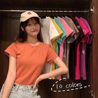 เสื้อยืด คอกลม แขนสั้น สีพื้น แฟชั่นสําหรับผู้หญิง