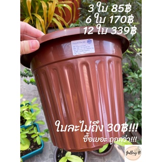 กระถางต้นไม้กลมลายทางเเนวตั้ง ทรงสูง กระถางโรมัน สีน้ำตาล ขนาด 10.5นิ้ว มีจานรองให้เลือก พลาสติกหนา เเข็งเเรง สวยงาม