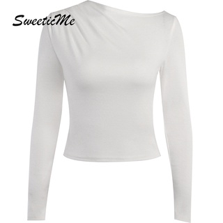 Sweeticme ใหม่ เสื้อยืดลําลอง แขนยาว สีพื้น ทรงสลิมฟิต เซ็กซี่ แฟชั่นสําหรับสตรี 2022