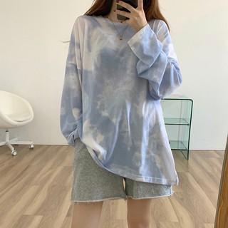 🚨FC พร้อมส่ง🚨เสื้อยืดแขนยาวลายมัดย้อมสีฟ้า ผ้าคอตตอนบางเบาใส่สบาย