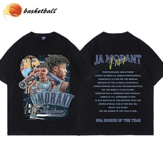 การพิมพ์ฝ้ายเสื้อยืดคอกลม แขนห้าส่วน ผ้าฝ้ายแท้ พิมพ์ลาย NBA Ja Morant สไตล์อเมริกัน สตรีท บาสเก็ตบอล ทรงหลวม สําหรับผู้