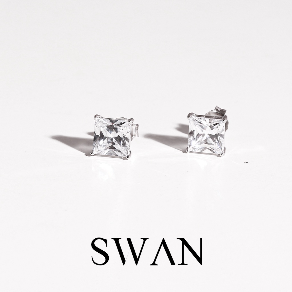 SWAN - Square Earring (7*7) ต่างหูติดหูเงินแท้ ฝังคิวบิกเซอร์โคเนีย cubic zirconia