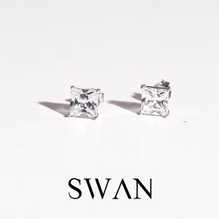 SWAN - Square Earring (7*7) ต่างหูติดหูเงินแท้ ฝังเพชรคิวบิกเซอร์โคเนีย cubic zirconia