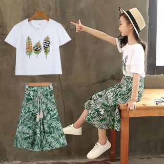 (4-12ปี) ชุดเสื้อยืดลายขนนก+กางเกงขาบาน+เชือกผูกเอว