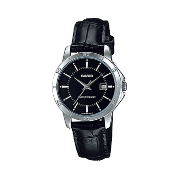 Casio นาฬิกาข้อมือผู้หญิง สายหนัง สีดำ/หน้าดำ รุ่น LTP-V004L-1AUDF,LTP-V004L-1A,LTP-V004L