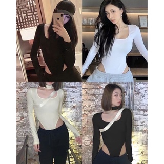 🎊mnv_shop🎊Bodysuit บอดี้สูทคอเหลี่ยม เว้าเอวสูงแขนยาวสายฝอไม่ควรพลาดเป้าแกะได้ มีติดตู้ไว้ไม่เอ้าท์แน่นอน ความปังG3