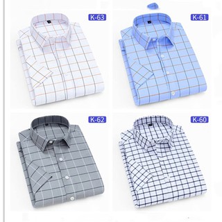 [M-5XL]เสื้อเชิ้ตสีน้ำเงิน ลายตาราง ผ้าดีงานเทียบเท่าห้าง!!! Short Sleeve Shirt