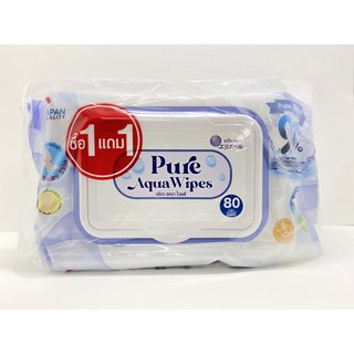 ผ้าเปียกelleair ( 1 แถม 1 )  ทิชชู่เปียก สูตร Pure Aqua Wipes สูตรน้ำบรรจุ 80 แผ่น/ห่อ