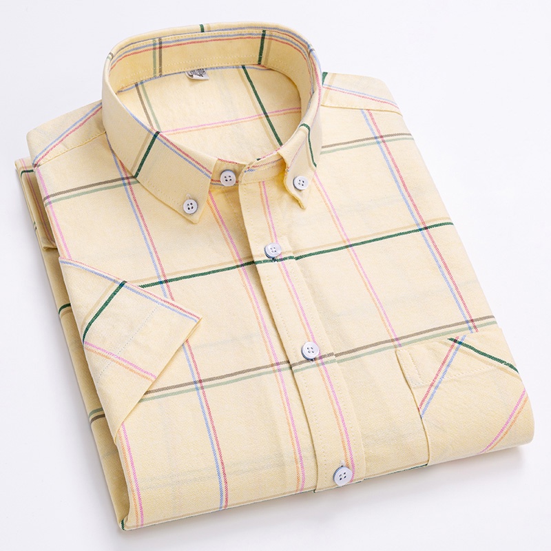 ฤดูร้อนสบายๆผ้าฝ้าย 100% แขนสั้น Oxford Men เสื้อ Slim Fit ลายสก๊อตเกาหลีแฟชั่น Social Man เสื้อ