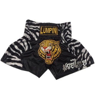 งานสั่งตัด กางเกงมวยไทยดำ แต่งผ้าขนม้าลาย กลางปักหัวเสือ ผ้าดีใส่ทน Custom order