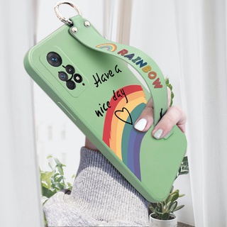 สําหรับ Xiaomi Redmi Note 11 Pro Note 11 Pro 5G Note 11Sเคสโทรศัพท์มือถือ ซิลิโคน กันกระแทก ลายหน้ายิ้ม สีรุ้ง พร้อมสายรัดข้อมือเ