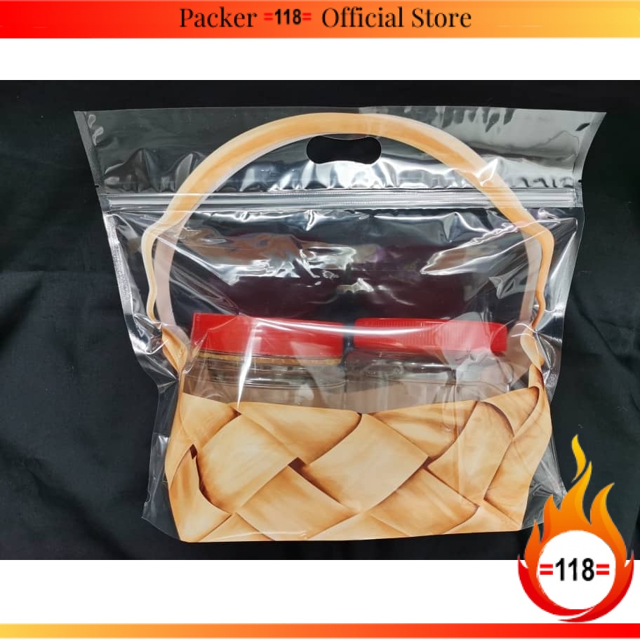 PB83 Handle Self Stand Ziplock Bag พร้อมตะกร้าหวาย Design-10pc/pkt