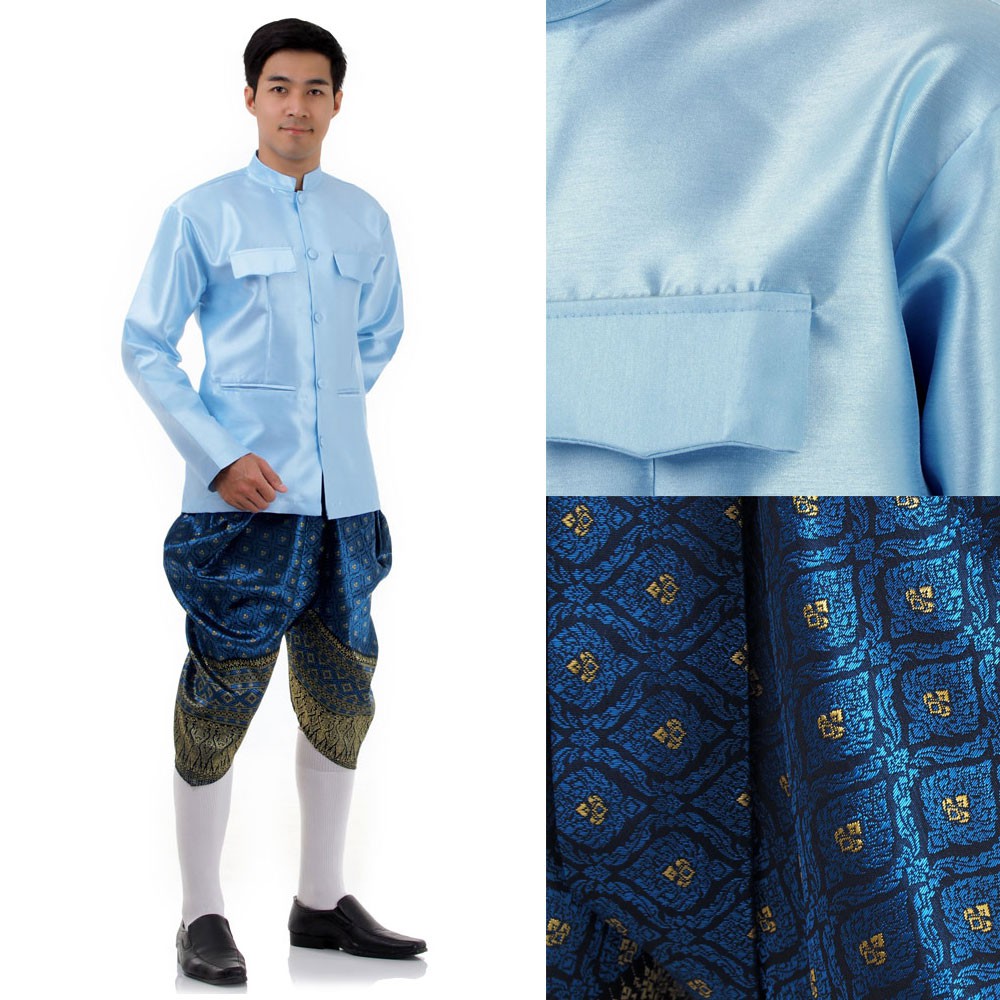 ชุดไทยผู้ชายราชปะแตนสีฟ้าผ้าไหมเทียม