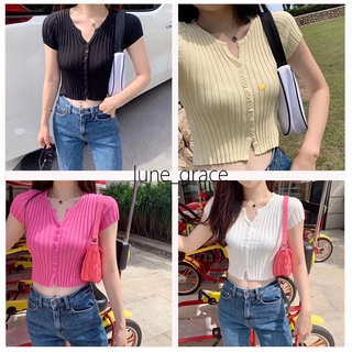 Lune 2060 เสื้อท็อปไหมพรม แขนสั้น ทรงเข้ารูป กระดุมหน้า เส้นด้ายชักร่อง ระบายอากาศได้ดี เซ็กซี่ น่ารัก