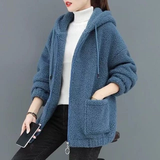 เสื้อกันหนาวผู้หญิงมีฮู้ด สีพื้น มีกระเป๋าด้านหน้า ผ้าสำลี ทรงใหญ่ หลวมใส่สบาย สไตล์เกาหลี มี 6 สีให้เลือก