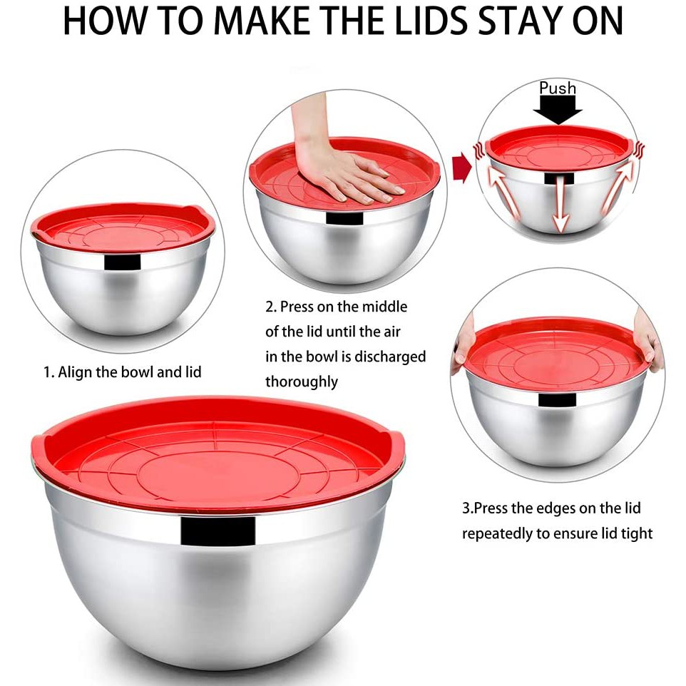 Includes 1 QT GEEMAY Non-Slip Silicone Bottom Mixing Bowls 2.5 QT Stainless Steel Mixing Bowl With Lids 5 Set Measurement Marks 3 QT Stackable Storage for Beating 2 QT 4.5 QT 