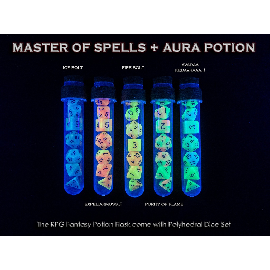 Spell Aura Potion Flask with Dice Set of 7 | ลูกเต๋า Dice DnD D&D MTG RPG TRPG เกมกระดาน บอร์ดเกม Game ไพ่ทาโรต์ Magic