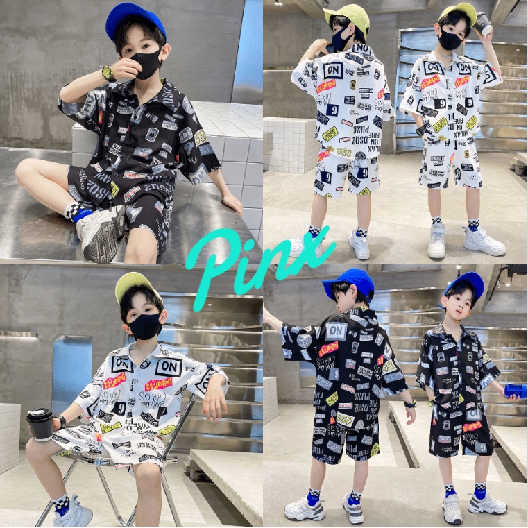 Pinx พร้อมส่ง เด็กเสื้อผ้าฤดูร้อนชายสไตล์ตะวันตกแขนสั้นเสื้อชุด เด็กวัยกลางคนใหม่ฤดูร้อนหล่อและแฟชั่นชุดสองชิ้น