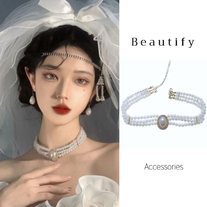 𝓑𝓮𝓪𝓾𝓽𝓲𝓯𝔂 สร้อยคอมุกดีเทลจี้มุกใหญ่ล้อมประดับคริสตัลหรูหราสไตล์วินเทจแก๊สบี้